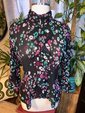 Violet & Claire Black Floral Ruffle Blouse with Pink & Teal Accents